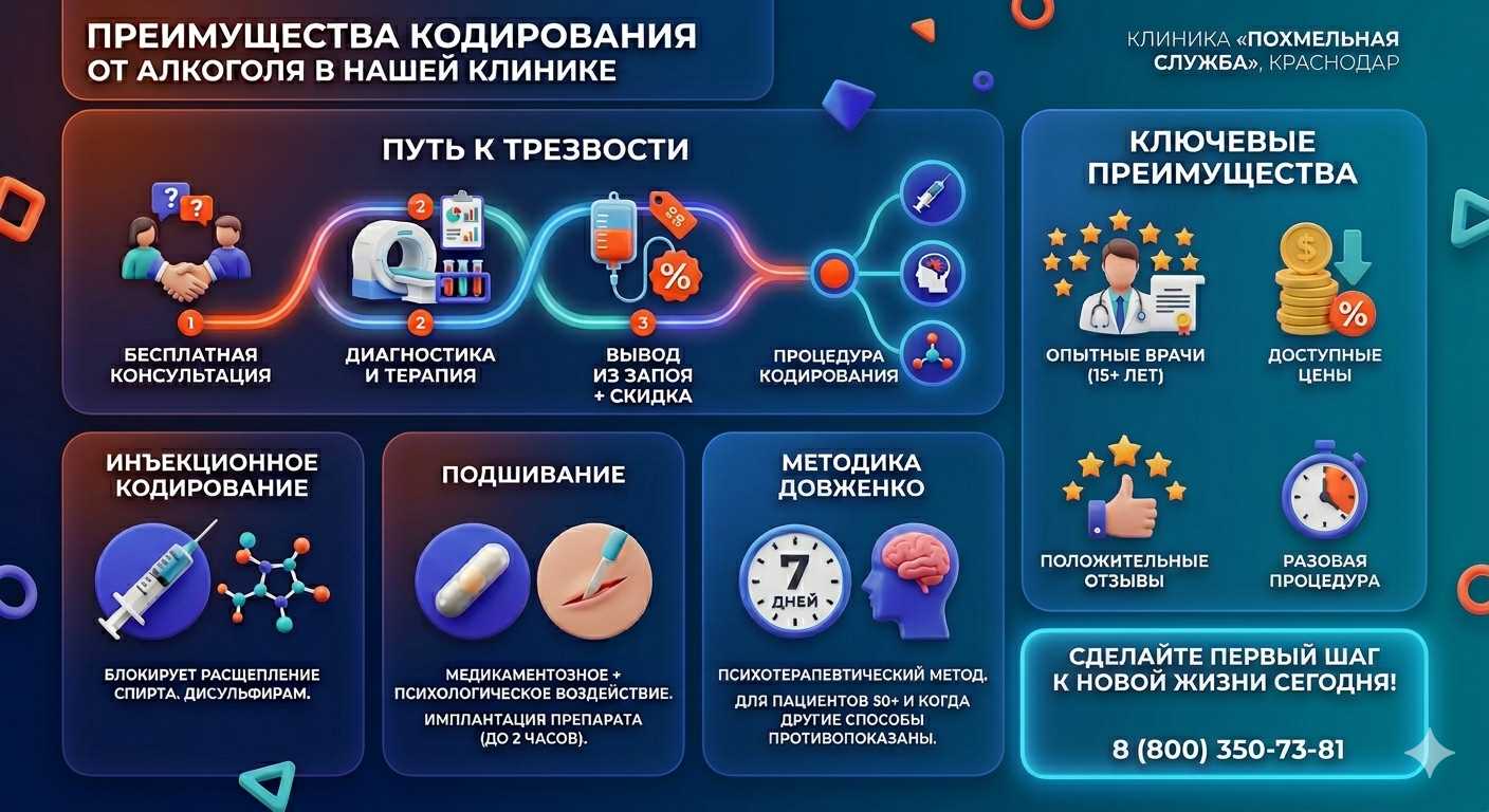 Инфографика о методах кодирования от алкоголя в Тырныаузе: инъекции, подшивание, метод Довженко. Преимущества клиники и этапы лечения.