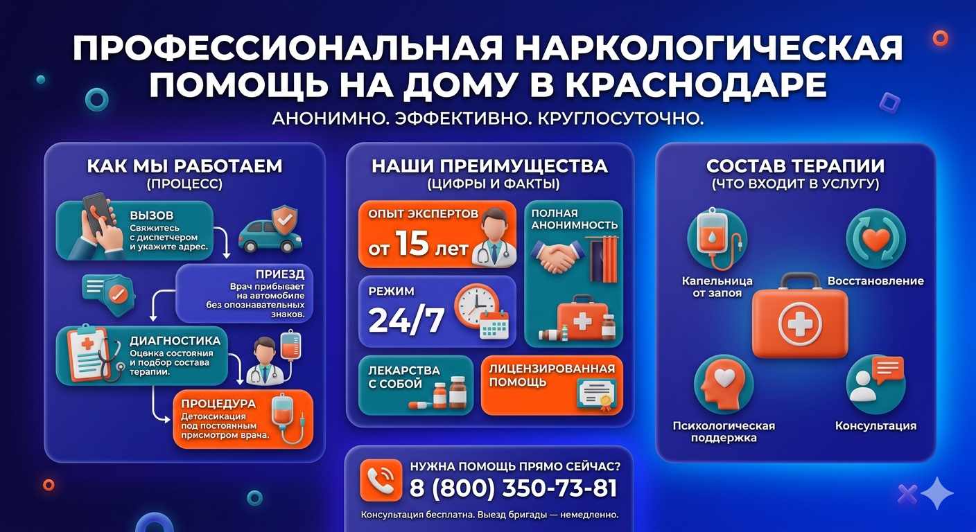 Инфографика о принципах лечения алкоголизма на дому в Тырныаузе: этапы вызова нарколога, преимущества анонимной детоксикации и состав медицинской помощи.